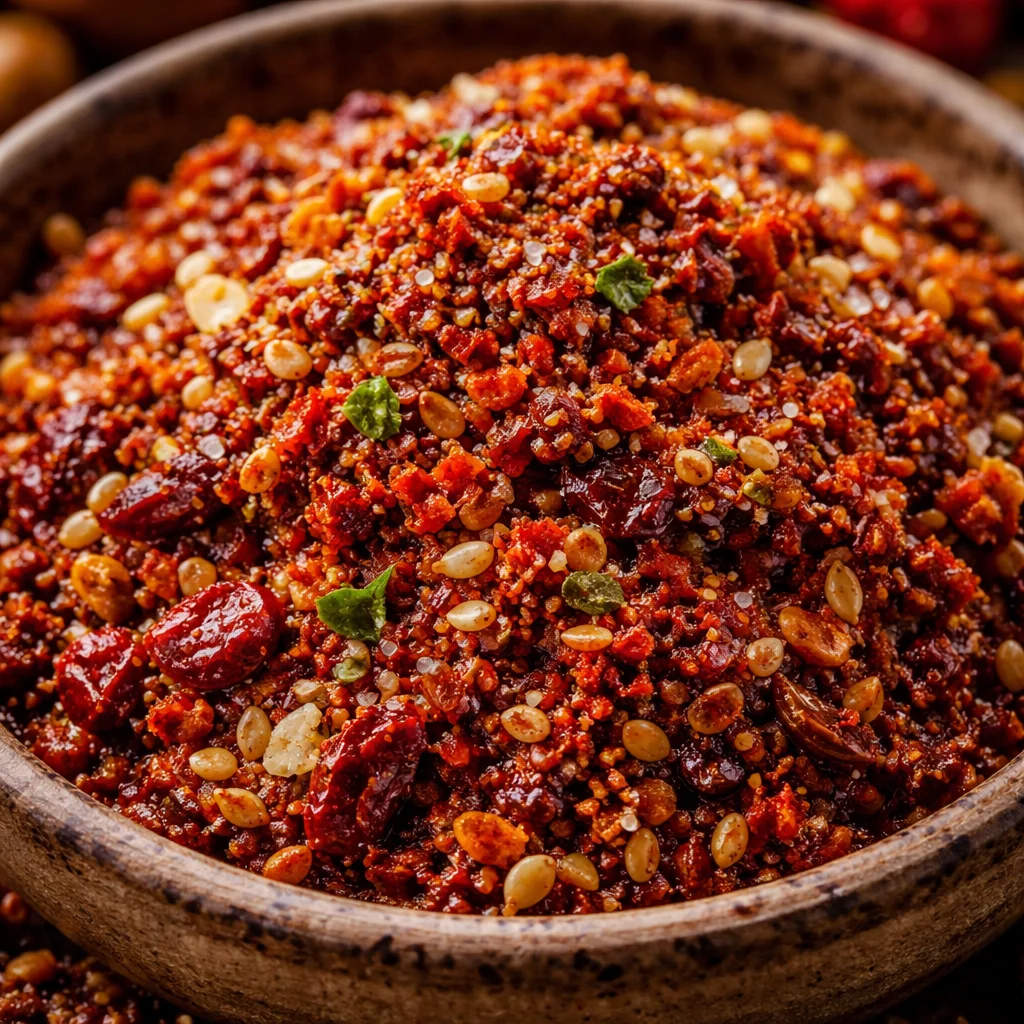 A jar of homemade birria seasoning with spices and herbs for flavorful dishes.