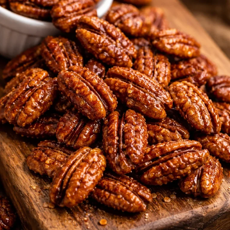 Bowl of homemade candied pecans garnished with a sprinkle of sugar.