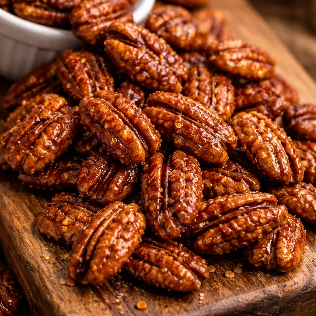 Bowl of homemade candied pecans garnished with a sprinkle of sugar.
