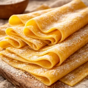 Freshly made homemade lasagna noodles on a wooden cutting board