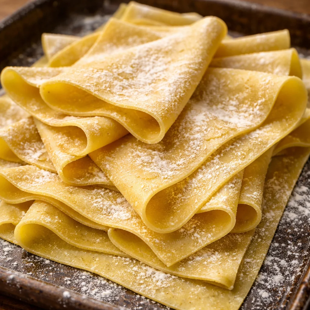 Homemade lasagna noodles made from scratch, ready for layering in a dish.