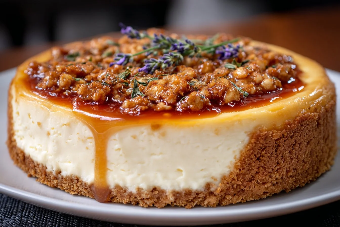Honey lavender cheesecake slice topped with fresh lavender sprigs.