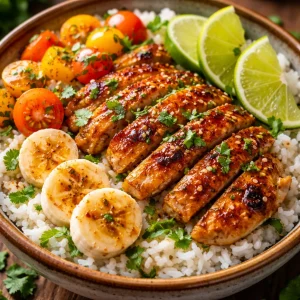 Honey lime chicken and rice bowl garnished with fresh herbs and lime wedges