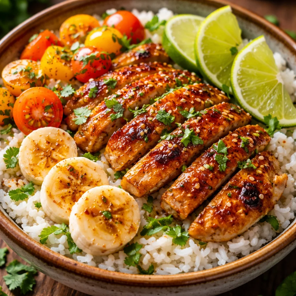 Honey lime chicken and rice bowl garnished with fresh herbs and lime wedges