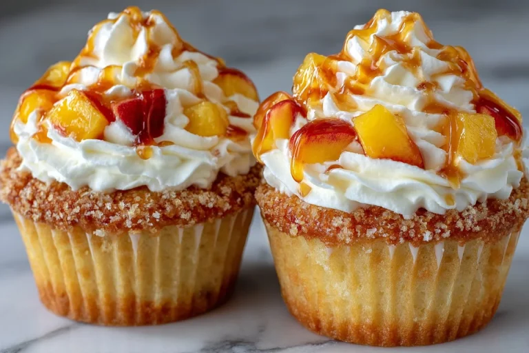 Honey Peach Cream Cheese Cupcakes topped with fresh peach slices and drizzled honey