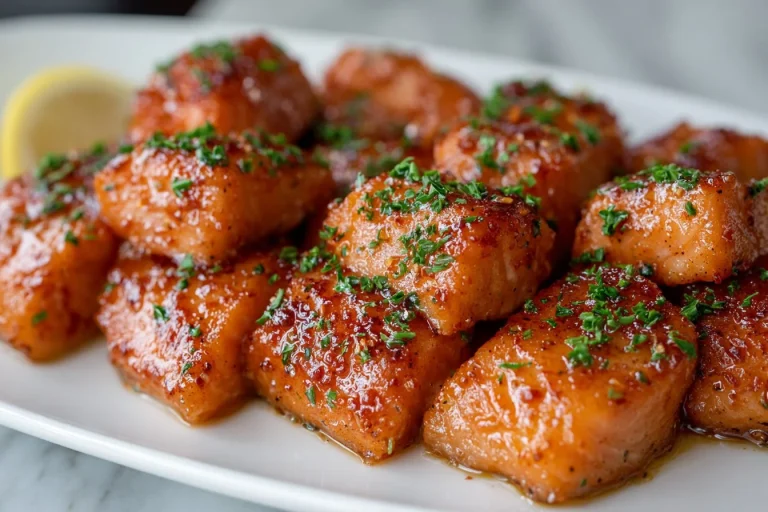 Delicious hot honey salmon bites on a plate, garnished and ready to serve.