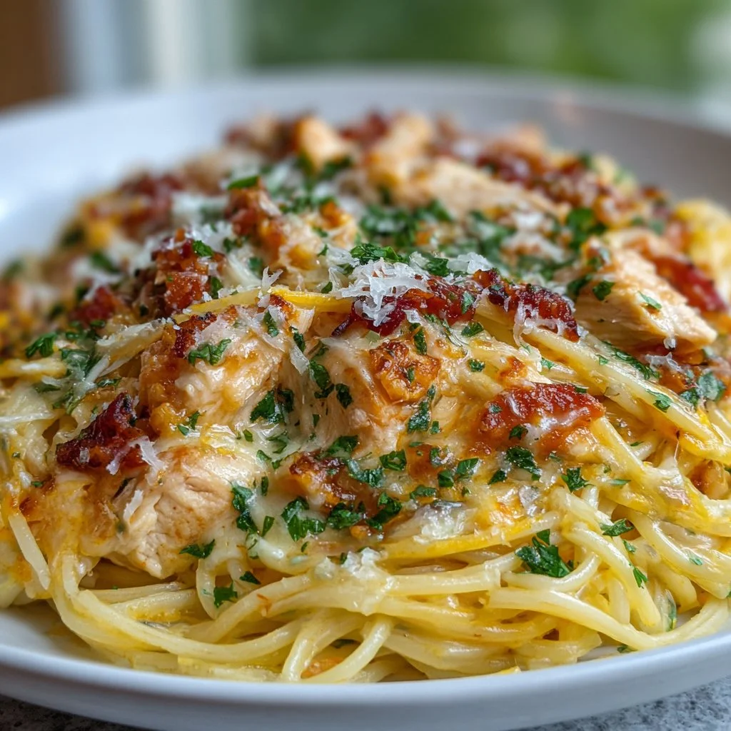 Delicious Monterey Chicken Spaghetti served in a bowl with fresh herbs
