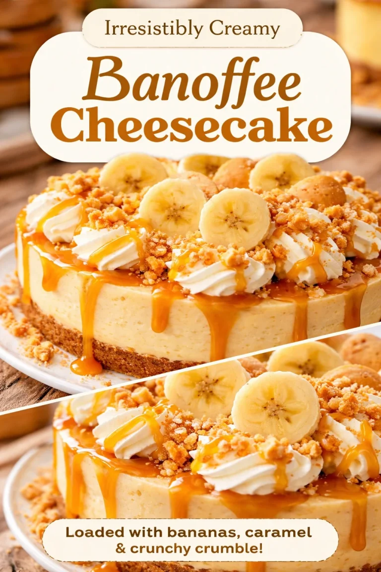 Irresistible banana pudding cheesecake topped with whipped cream and banana slices.