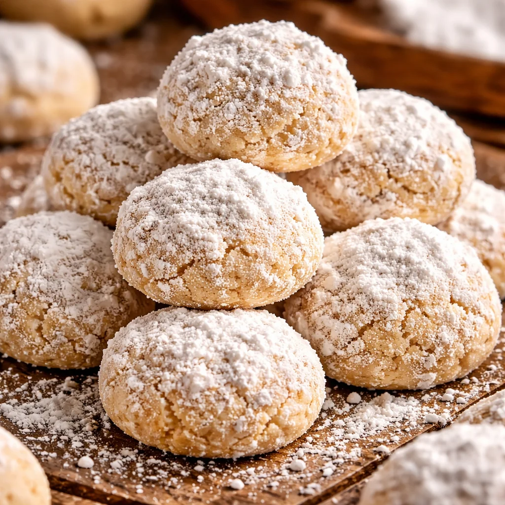 Baked Italian wedding cookies made with nutty butter and powdered sugar.