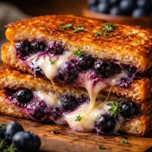 Delicious juicy blueberry grilled cheese sandwich on a plate