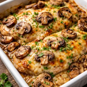 Keto Garlic Mushroom Chicken Casserole with creamy sauce and mushrooms