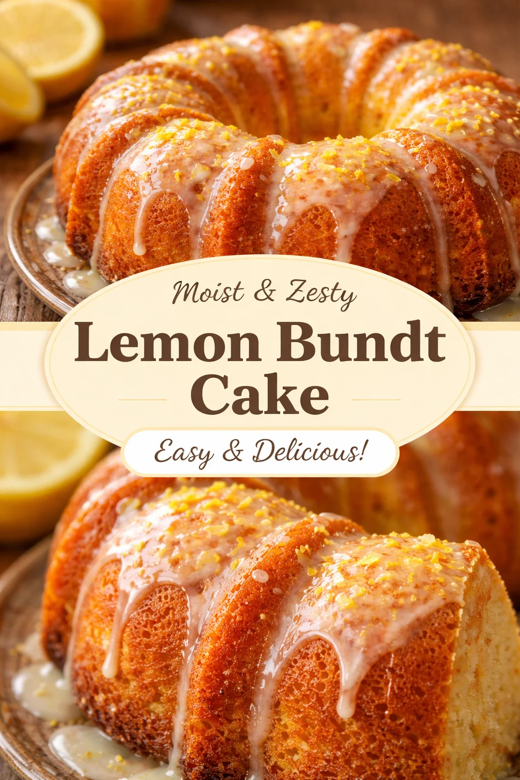 Slice of Lady Bird's Lemon Cake with lemon garnish on a rustic table