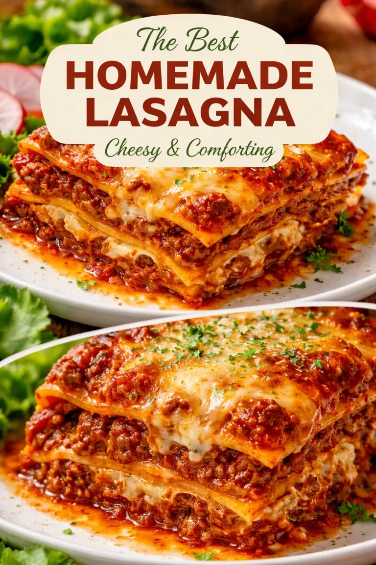 Delicious homemade lasagna with layers of pasta, cheese, and rich sauce.