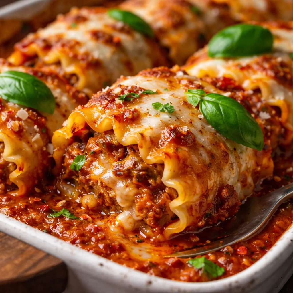 Delicious homemade lasagna rolls stuffed with cheese and marinara sauce