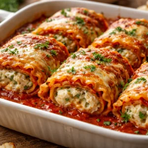Deliciously baked lasagna rollups topped with marinara sauce and melted cheese.