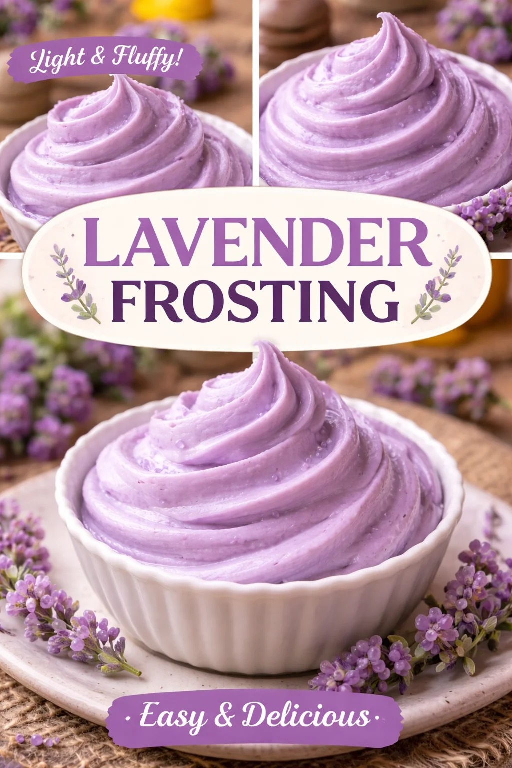 Delicious lavender frosting on a cake with edible flowers decorating the top.