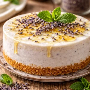 Delicious Lavender Honey Cheesecake topped with lavender and honey drizzles.