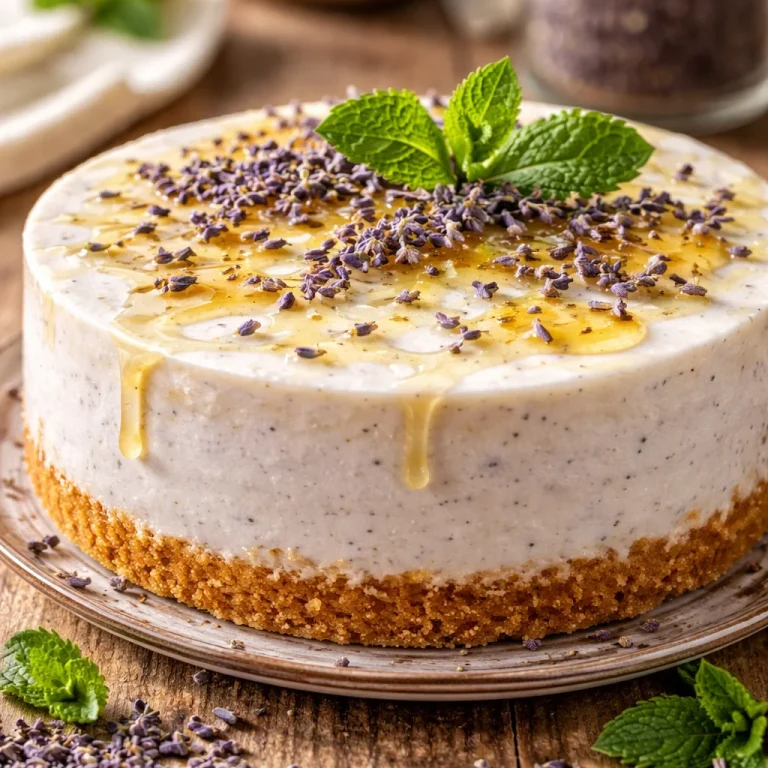 Delicious Lavender Honey Cheesecake topped with lavender and honey drizzles.