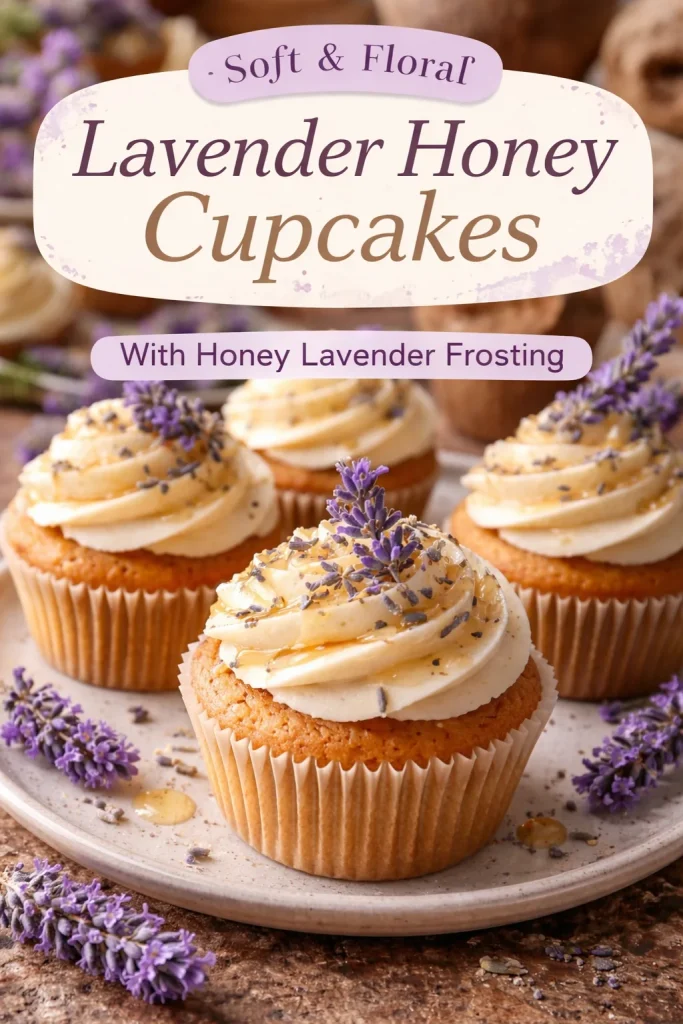 Delicious lavender honey cupcakes topped with creamy frosting.