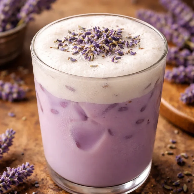 A cup of lavender milk tea with lavender flowers and tea leaves.