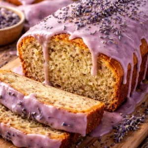 Sliced Lavender Tea Bread on a wooden cutting board, garnished with lavender sprigs.
