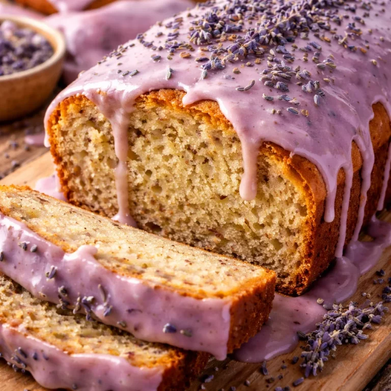 Sliced Lavender Tea Bread on a wooden cutting board, garnished with lavender sprigs.