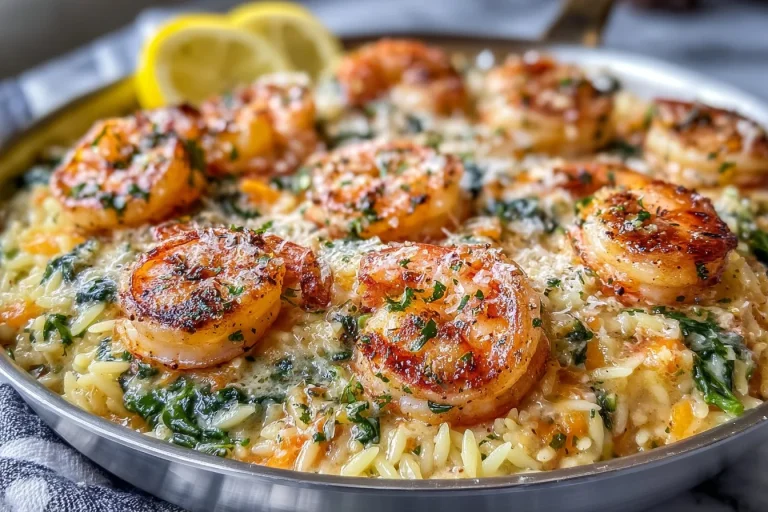 Plate of Lemon Garlic Shrimp with Spinach Orzo garnished with herbs