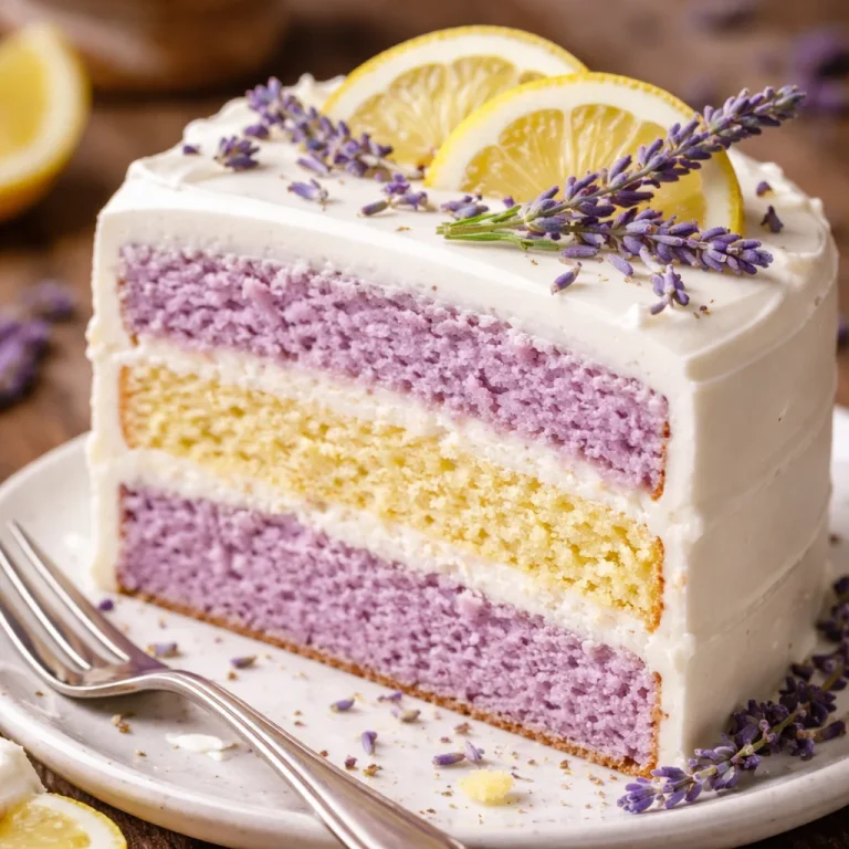 Lemon Lavender Cake with fresh lemons and lavender sprigs, beautifully presented.