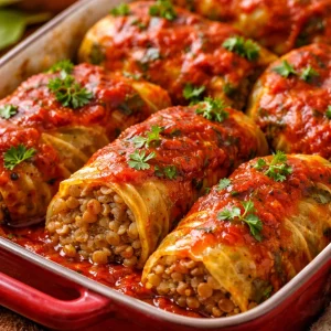 Delicious lentil and rice stuffed cabbage rolls served on a plate