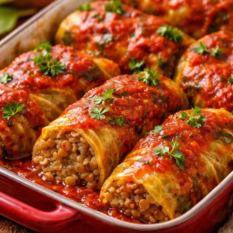 Delicious lentil and rice stuffed cabbage rolls served on a plate