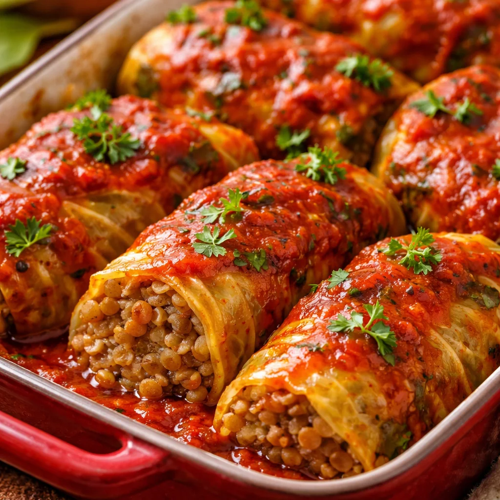 Delicious lentil and rice stuffed cabbage rolls served on a plate