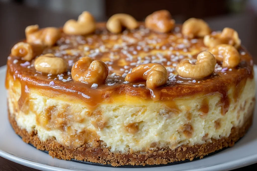 Delicious loaded butterscotch cheesecake topped with caramel and nuts