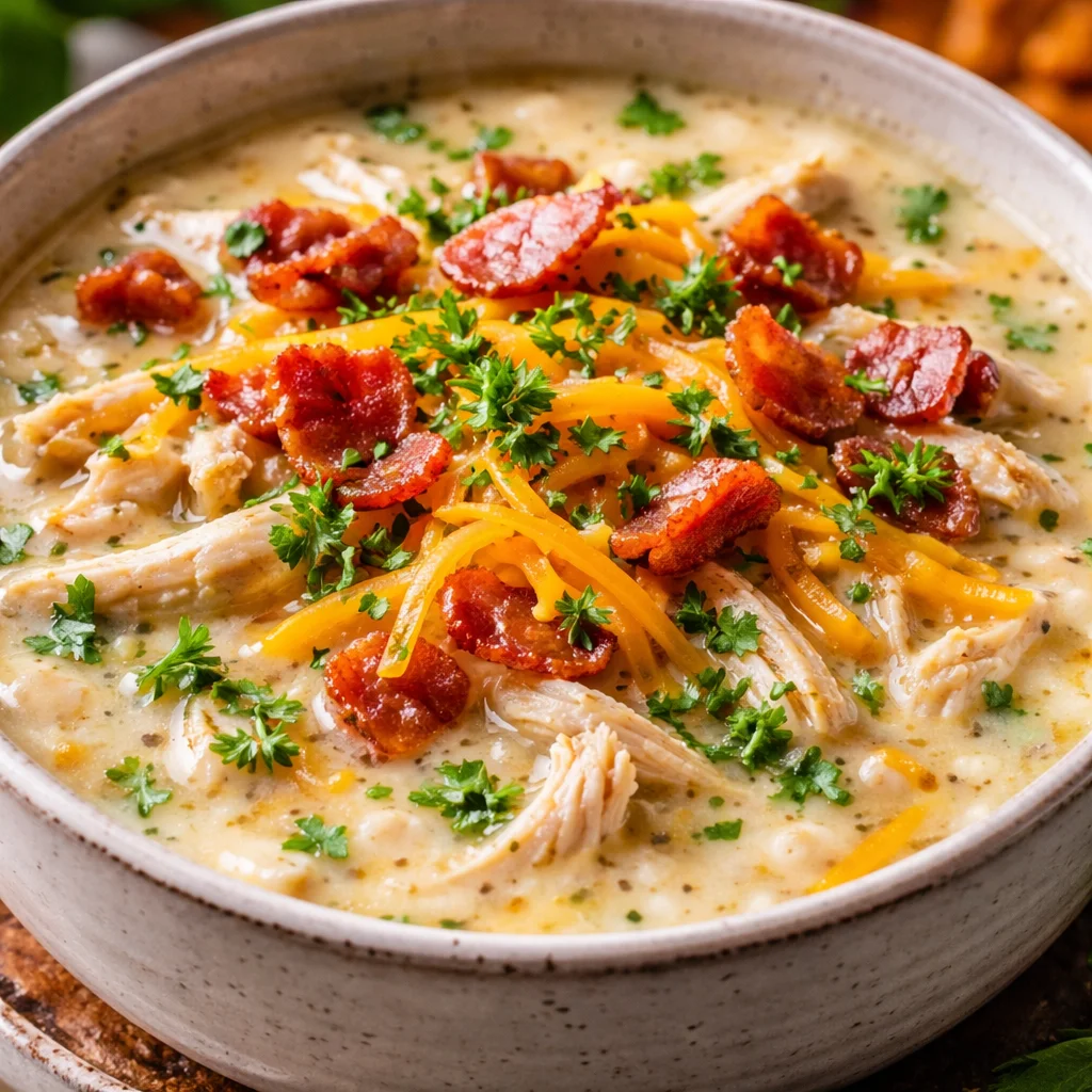 Low Carb Crack Chicken Soup in a bowl with garnishes