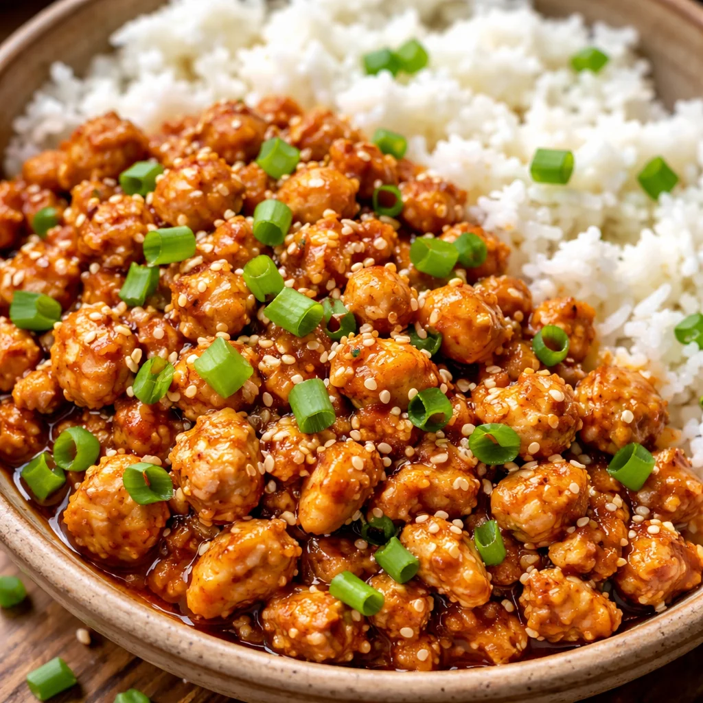 Delicious low carb firecracker ground chicken served with vegetables