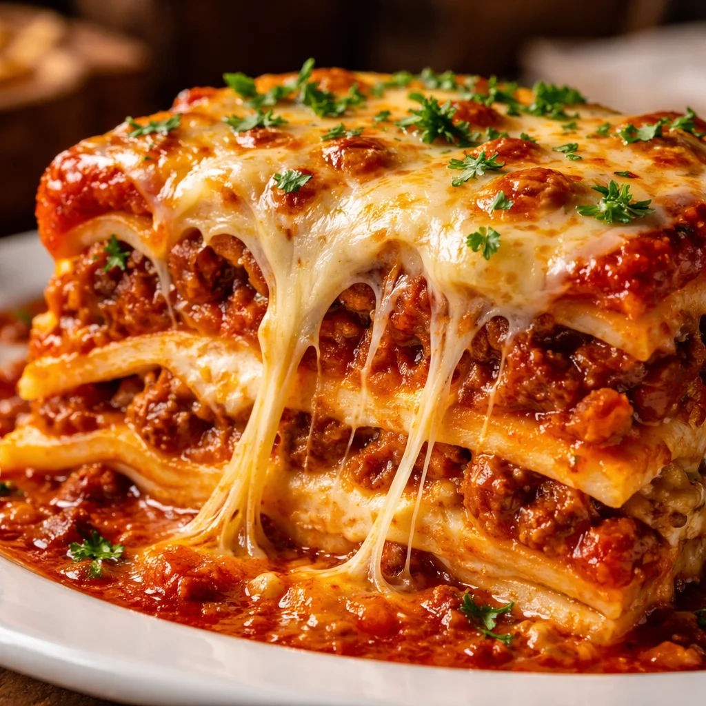 Delicious Maggiano's lasagna with layers of pasta, meat, ricotta, and marinara sauce