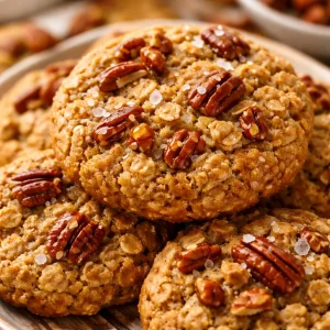 Bowl of gluten-free Maple Pecan Oatmeal Cookies on a rustic wooden table