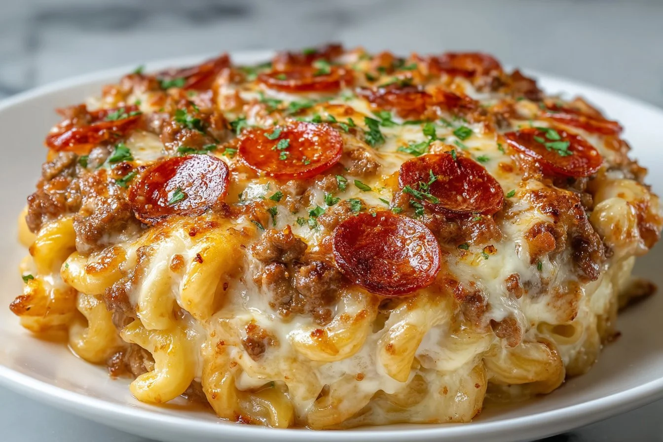 Delicious Meat Lovers Pizza Casserole with layers of meat and cheese