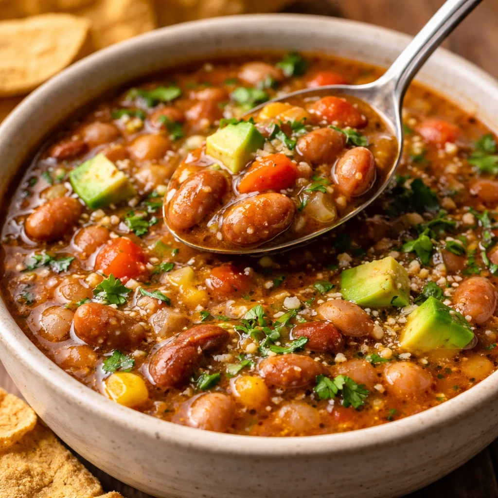 Bowl of delicious Mexican Pinto Bean Soup garnished with cilantro and lime.
