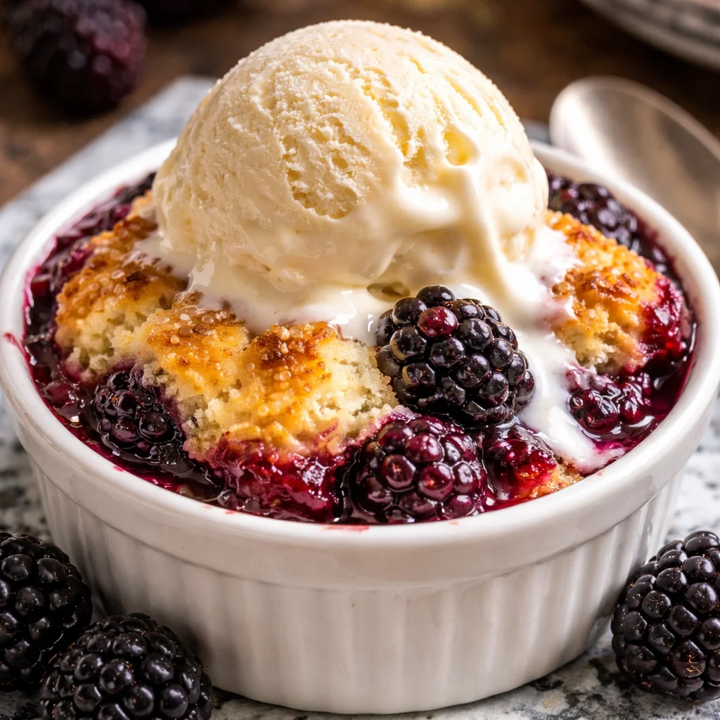 Mini blackberry cobblers served in cute ramekins with fresh berries