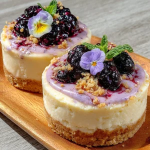 Mini blackberry lavender cheesecakes topped with fresh blackberries.