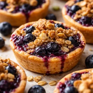 Mini blueberry crumble dessert in a baking dish