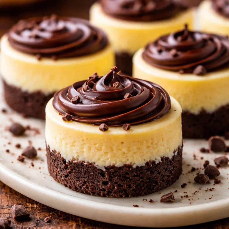 Mini brownie bottom cheesecakes topped with chocolate ganache and whipped cream