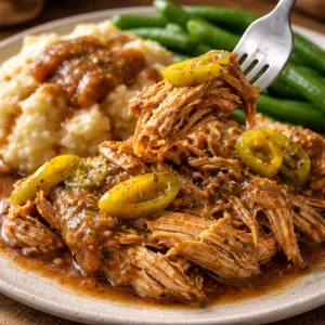 Delicious plate of Mississippi Chicken garnished and ready to serve