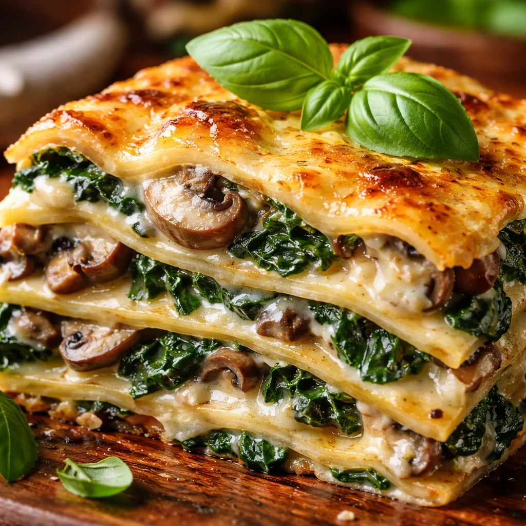 Delicious Mushroom Spinach Lasagna with layers of cheese and fresh vegetables