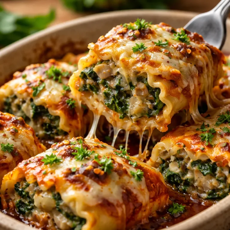 Delicious Mushroom Spinach Lasagna Rolls on a plate, freshly baked and ready to serve