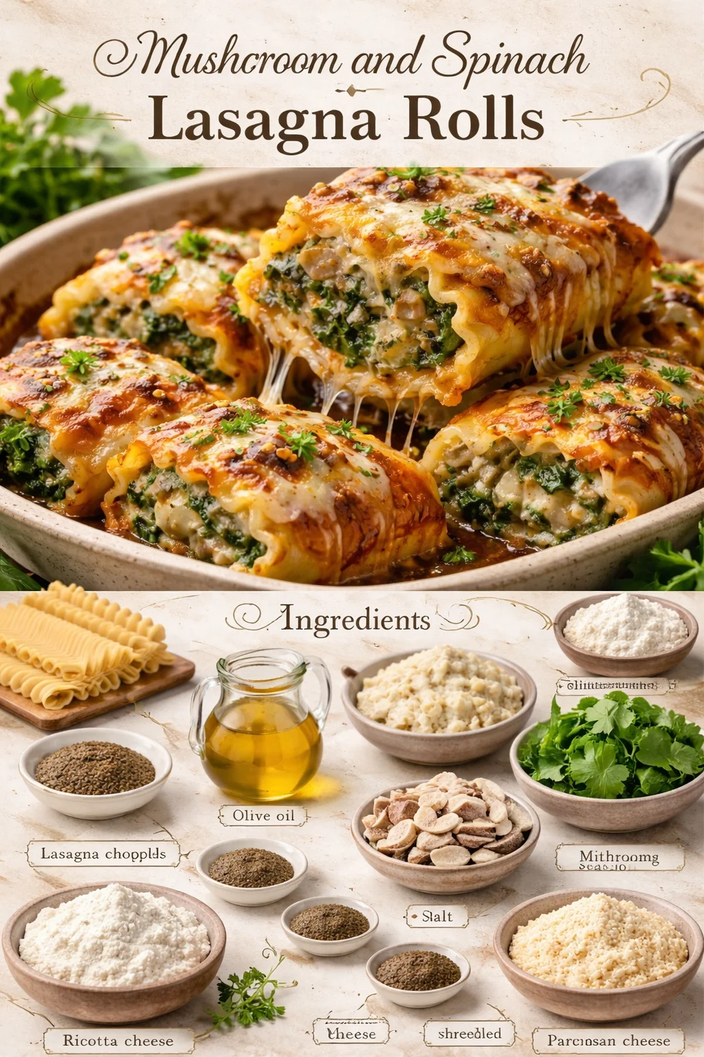 Mushroom and Spinach Lasagna Rolls