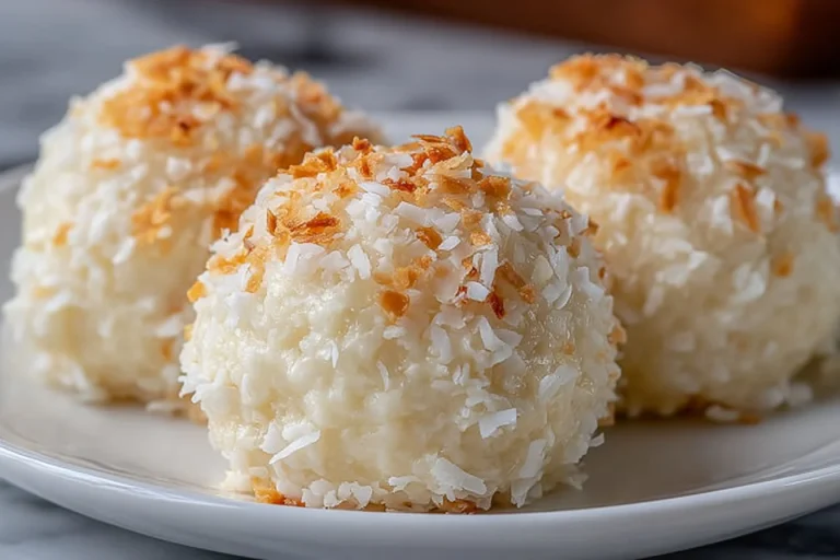 No-bake coconut cookies on a plate, topped with shredded coconut.