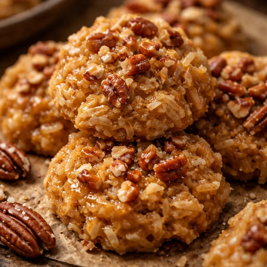 No-bake coconut pecan praline cookies on a plate.