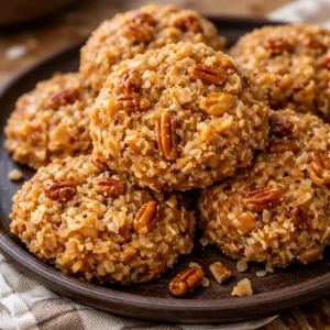 No Bake Coconut Pecan Praline Cookies on a plate, topped with pecans and coconut flakes.