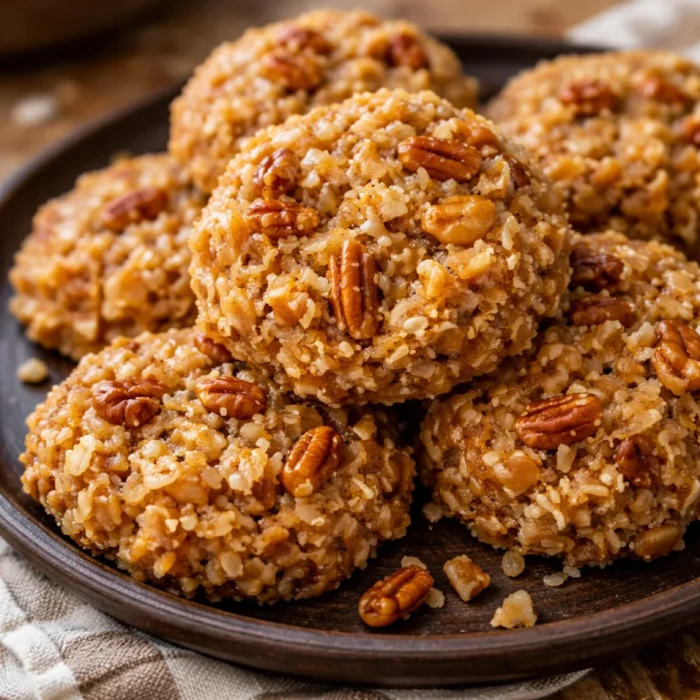 No Bake Coconut Pecan Praline Cookies on a plate, topped with pecans and coconut flakes.